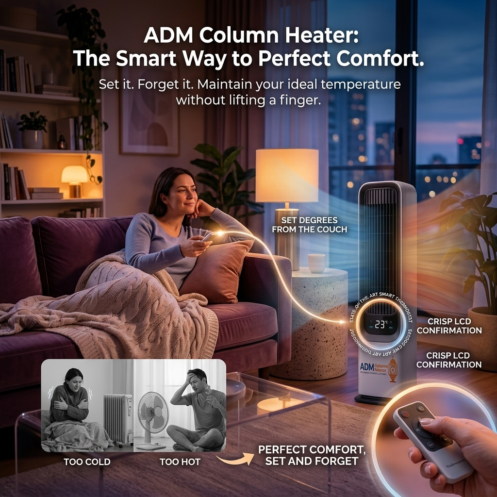 ADM Column Heater — smart thermostat with LCD touch display