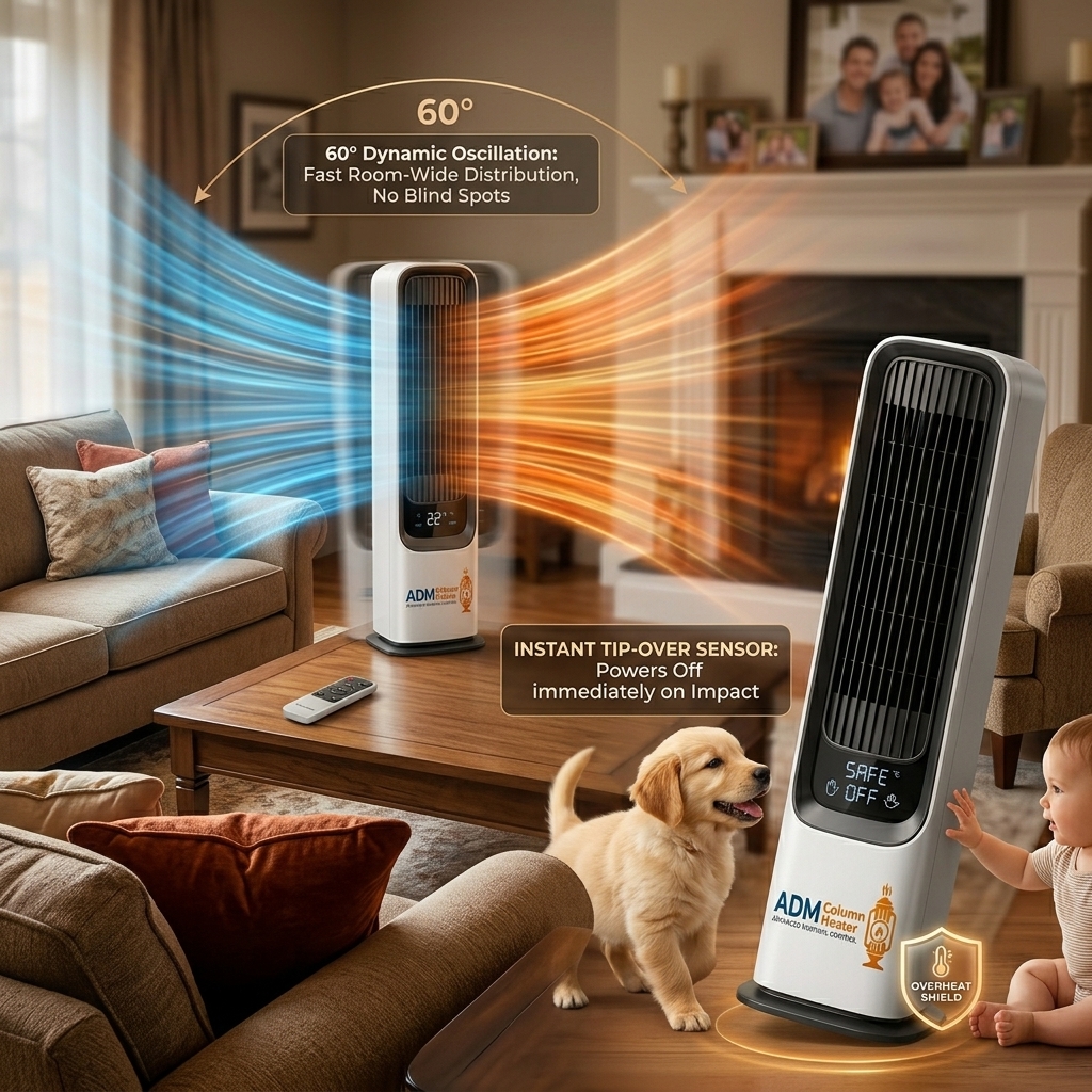 ADM Column Heater — 60° oscillation for fast, safe air distribution
